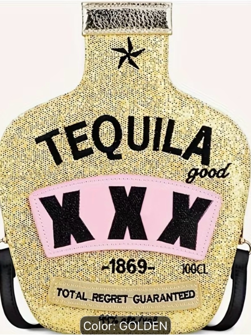 Tequila Bottle Novelty Crossbody Bag - Gold & Pink